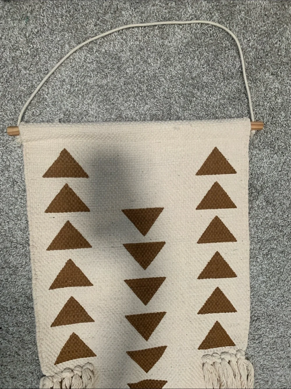 Boho Neutral Cream Macramé Wall Hanging with Brown Triangle Pattern